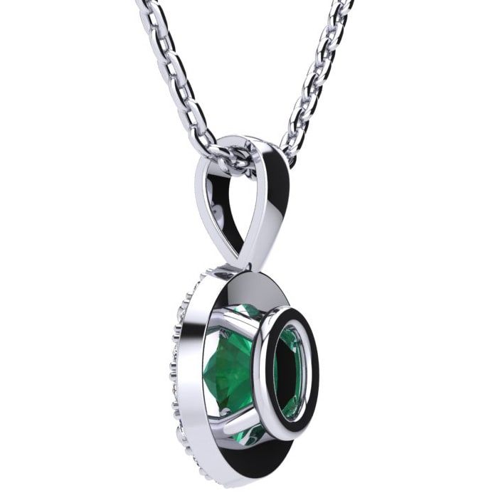 1/2 Carat Oval Shape Emerald and Halo Diamond Necklace In Sterling Silver With 18 Inch Chain