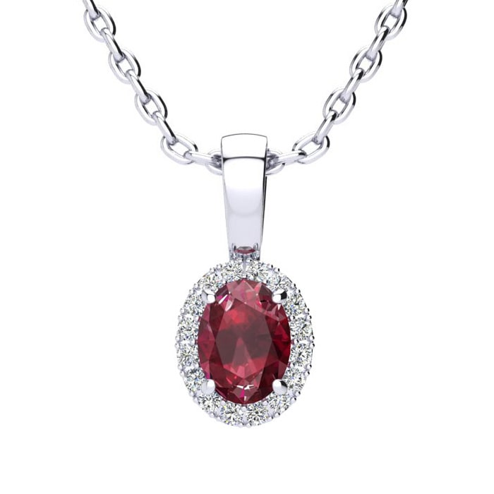 1/2 Carat Oval Shape Ruby and Halo Diamond Necklace In Sterling Silver With 18 Inch Chain
