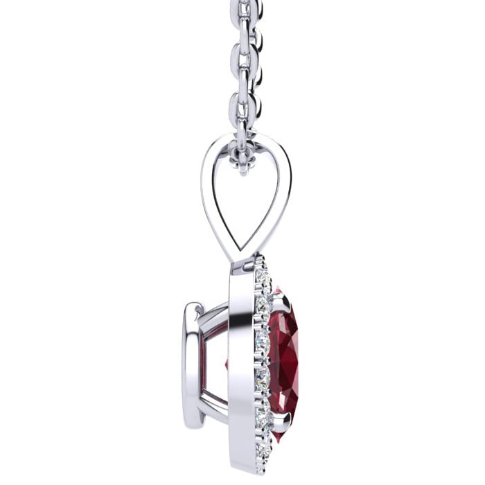 1/2 Carat Oval Shape Ruby and Halo Diamond Necklace In Sterling Silver With 18 Inch Chain