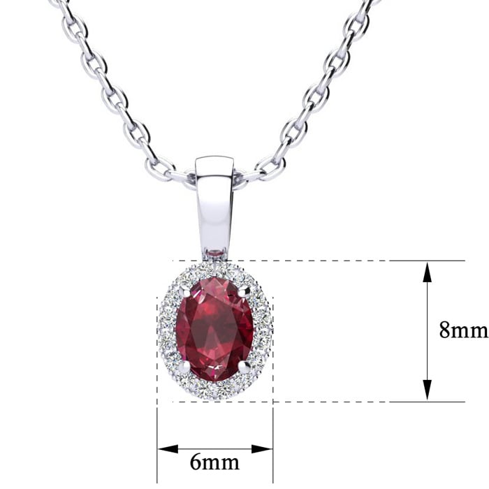 1/2 Carat Oval Shape Ruby and Halo Diamond Necklace In Sterling Silver With 18 Inch Chain