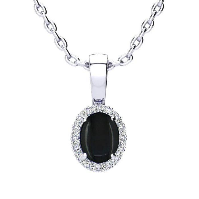 1/2 Carat Oval Shape Black Onyx and Halo Diamond Necklace In Sterling Silver With 18 Inch Chain