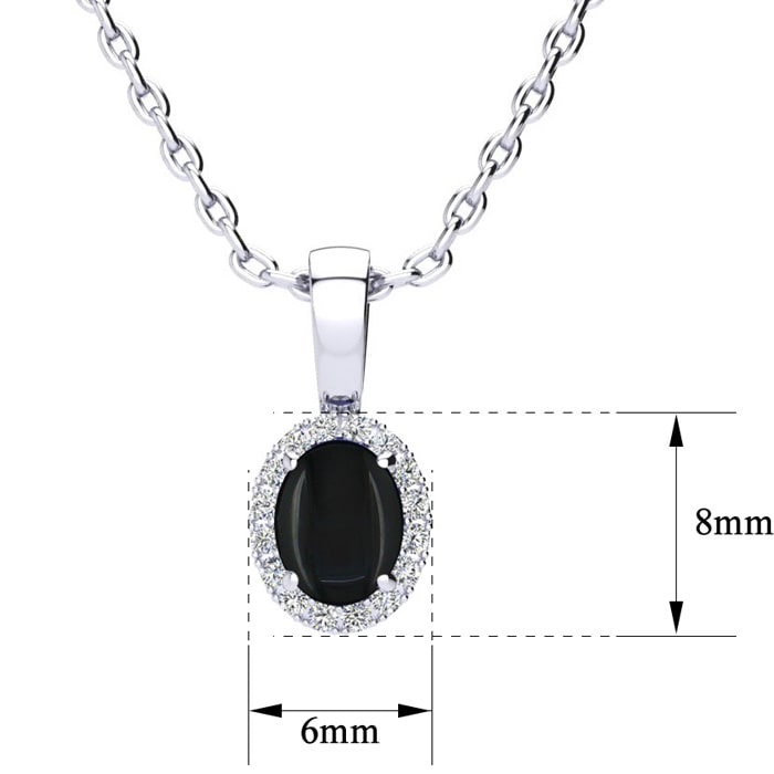 1/2 Carat Oval Shape Black Onyx and Halo Diamond Necklace In Sterling Silver With 18 Inch Chain