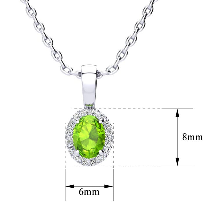 1/2 Carat Oval Shape Peridot and Halo Diamond Necklace In Sterling Silver With 18 Inch Chain