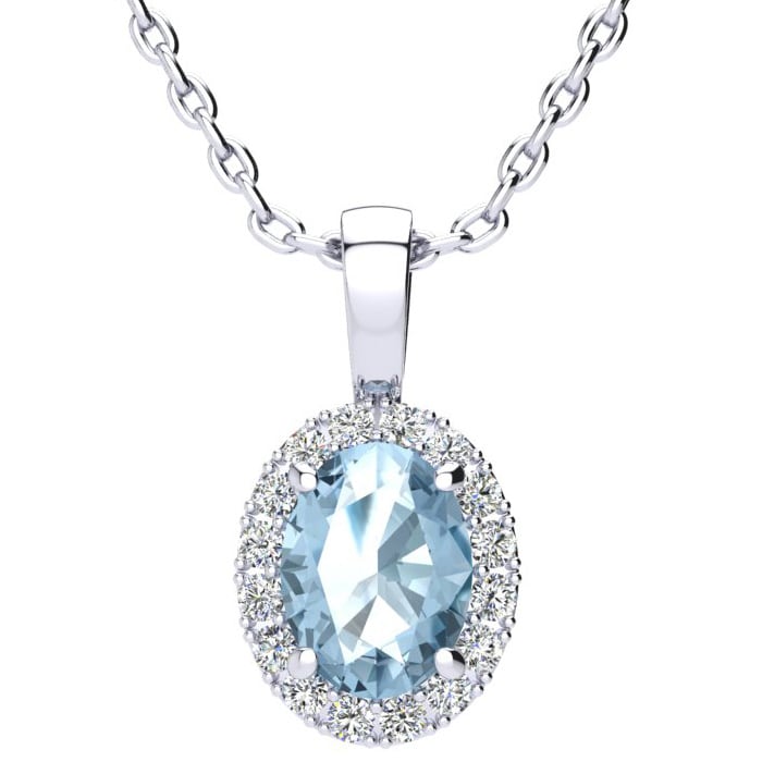 1 1/4 Carat Oval Shape Aquamarine and Halo Diamond Necklace In Sterling Silver With 18 Inch Chain