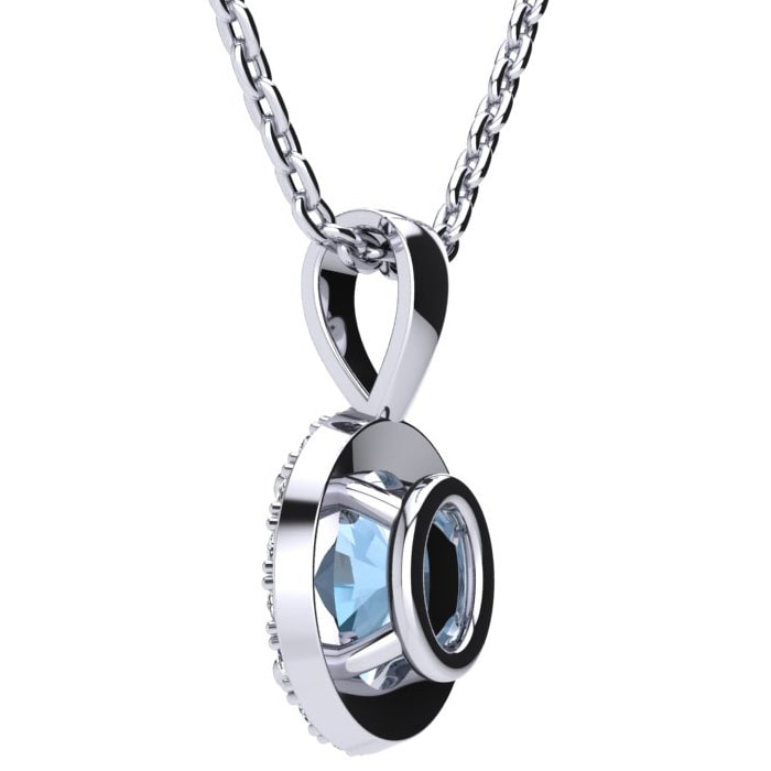 1 1/4 Carat Oval Shape Aquamarine and Halo Diamond Necklace In Sterling Silver With 18 Inch Chain