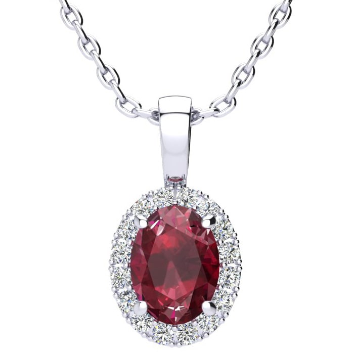 1 1/4 Carat Oval Shape Ruby and Halo Diamond Necklace In Sterling Silver With 18 Inch Chain