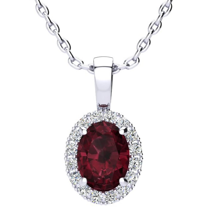 1 1/4 Carat Oval Shape Garnet and Halo Diamond Necklace In Sterling Silver With 18 Inch Chain