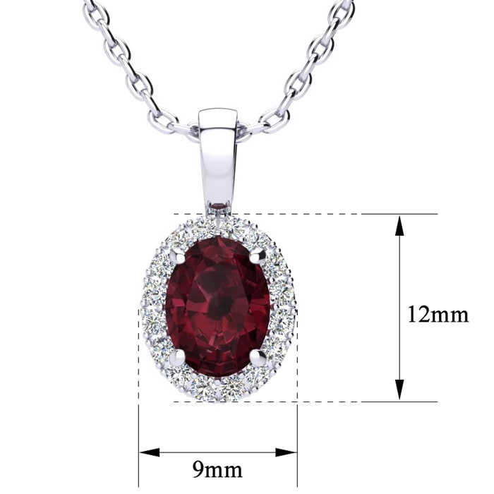 1 1/4 Carat Oval Shape Garnet and Halo Diamond Necklace In Sterling Silver With 18 Inch Chain