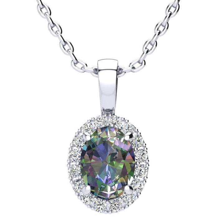 1 1/4 Carat Oval Shape Mystic Topaz and Halo Diamond Necklace In Sterling Silver With 18 Inch Chain