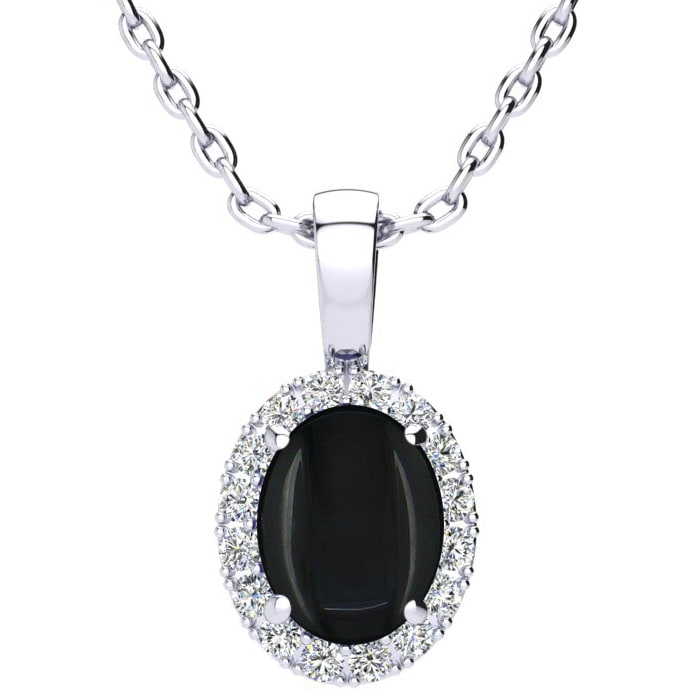 1 1/4 Carat Oval Shape Black Onyx and Halo Diamond Necklace In Sterling Silver With 18 Inch Chain