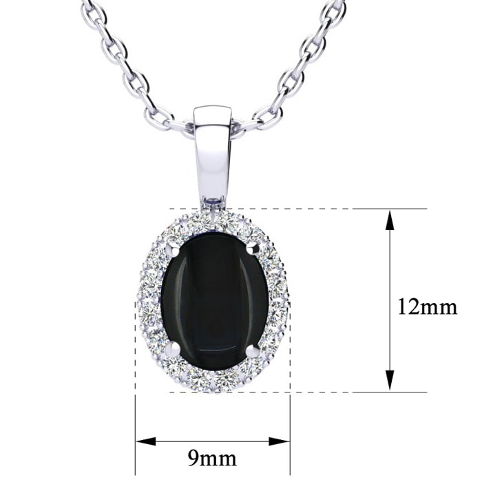 1 1/4 Carat Oval Shape Black Onyx and Halo Diamond Necklace In Sterling Silver With 18 Inch Chain
