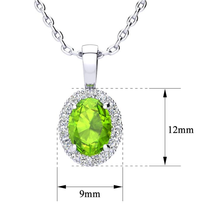 1 1/4 Carat Oval Shape Peridot and Halo Diamond Necklace In Sterling Silver With 18 Inch Chain