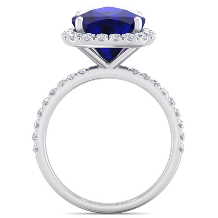 Sapphire Ring: 5 1/2 Carat Cushion Cut Created Sapphire and Halo Diamond Ring In Sterling Silver