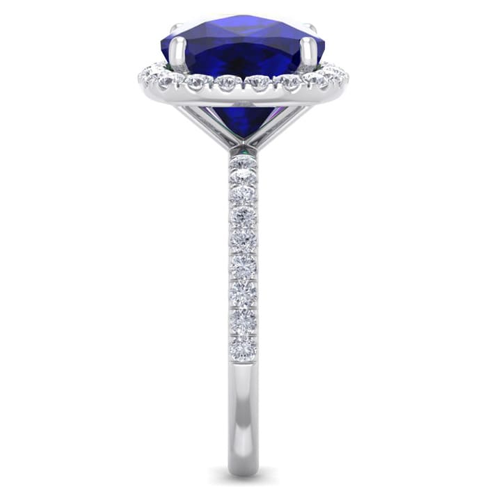 Sapphire Ring: 5 1/2 Carat Cushion Cut Created Sapphire and Halo Diamond Ring In Sterling Silver