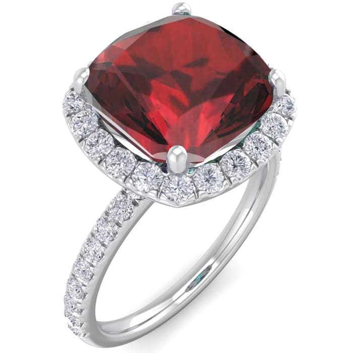 Garnet Ring: 5 1/2 Carat Cushion Cut Garnet and Halo Diamond Ring In Sterling Silver