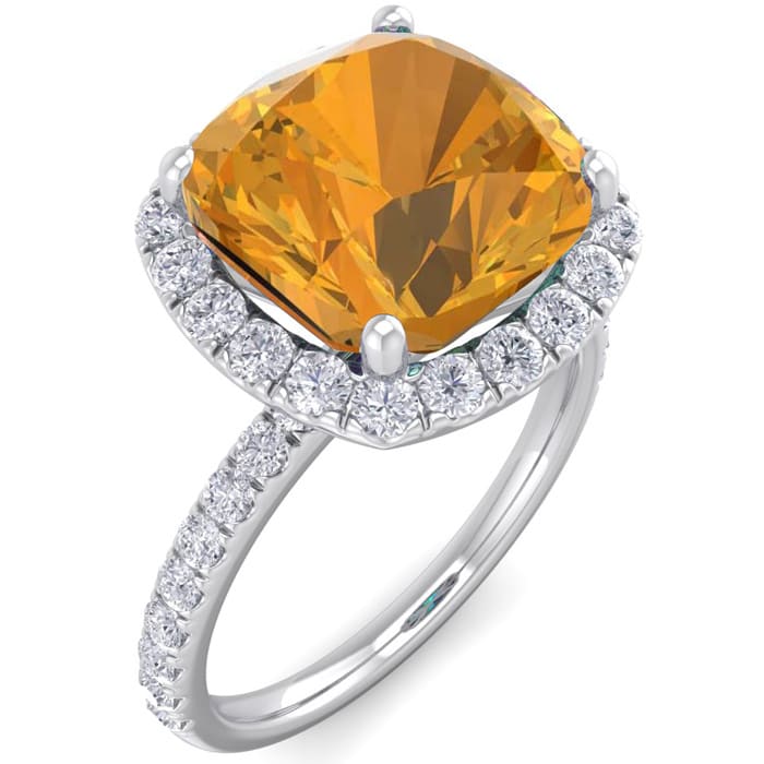 Citrine Ring: 5 1/2 Carat Cushion Cut Citrine and Halo Diamond Ring In Sterling Silver