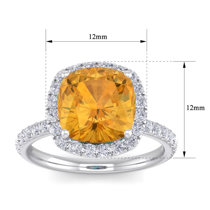 Citrine Ring: 5 1/2 Carat Cushion Cut Citrine and Halo Diamond Ring In Sterling Silver
