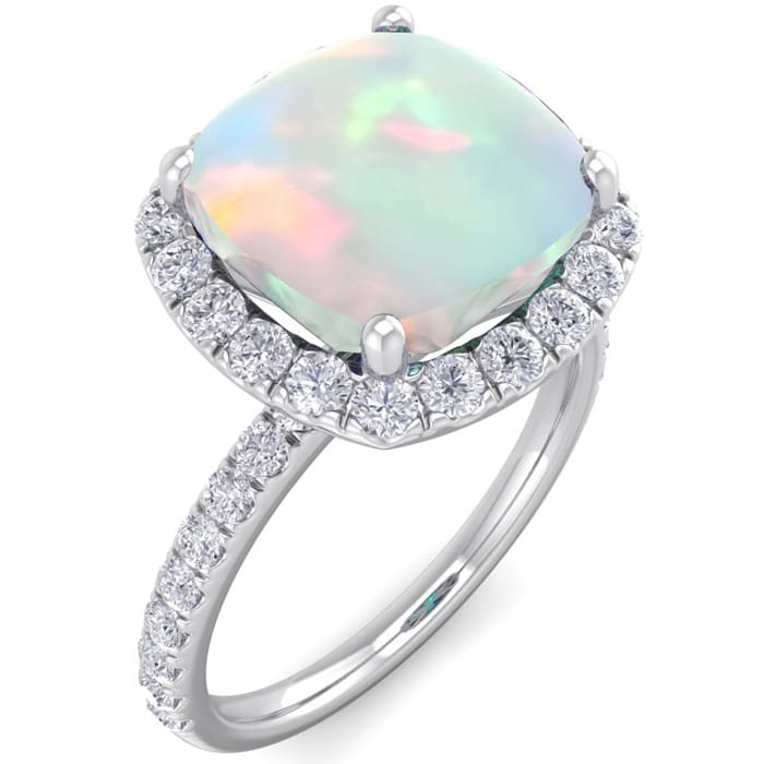 Opal Ring: 5 1/2 Carat Cushion Cut Created Opal and Halo Diamond Ring In Sterling Silver