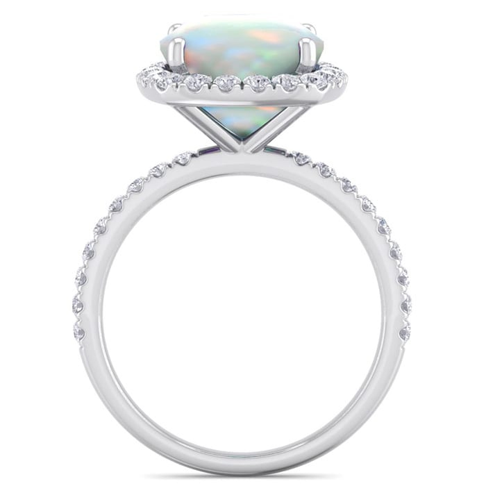 Opal Ring: 5 1/2 Carat Cushion Cut Created Opal and Halo Diamond Ring In Sterling Silver