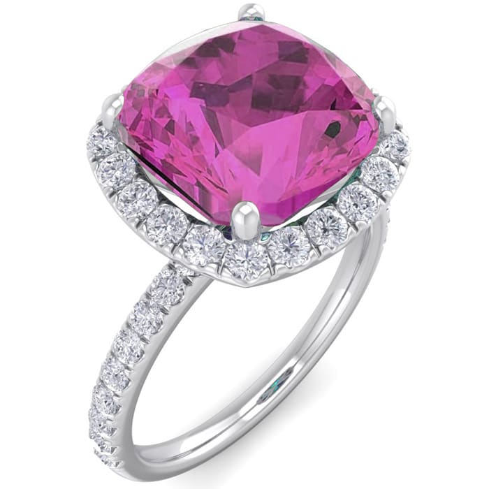 Pink Sapphire Ring: 5 1/2 Carat Cushion Cut Created Pink Sapphire and Halo Diamond Ring In Sterling Silver