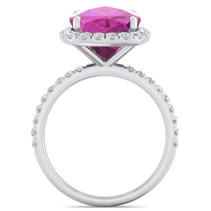 Pink Sapphire Ring: 5 1/2 Carat Cushion Cut Created Pink Sapphire and Halo Diamond Ring In Sterling Silver