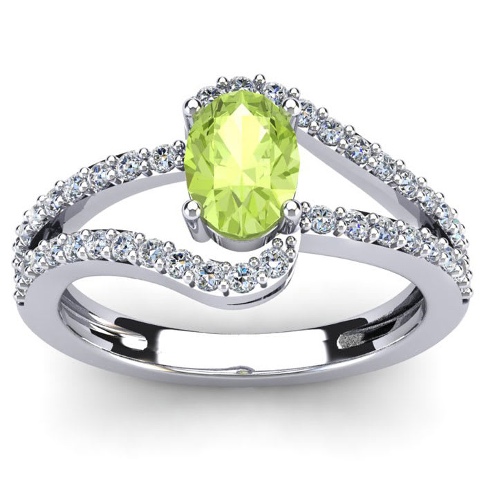 Peridot Ring: 1.40 Carat Oval Shape Peridot and Fancy Diamond Ring In Sterling Silver