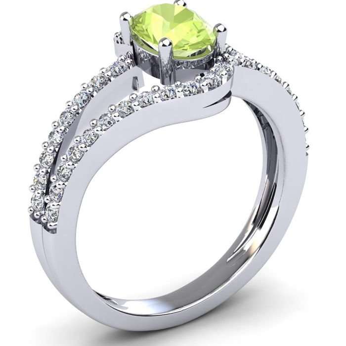 Peridot Ring: 1.40 Carat Oval Shape Peridot and Fancy Diamond Ring In Sterling Silver