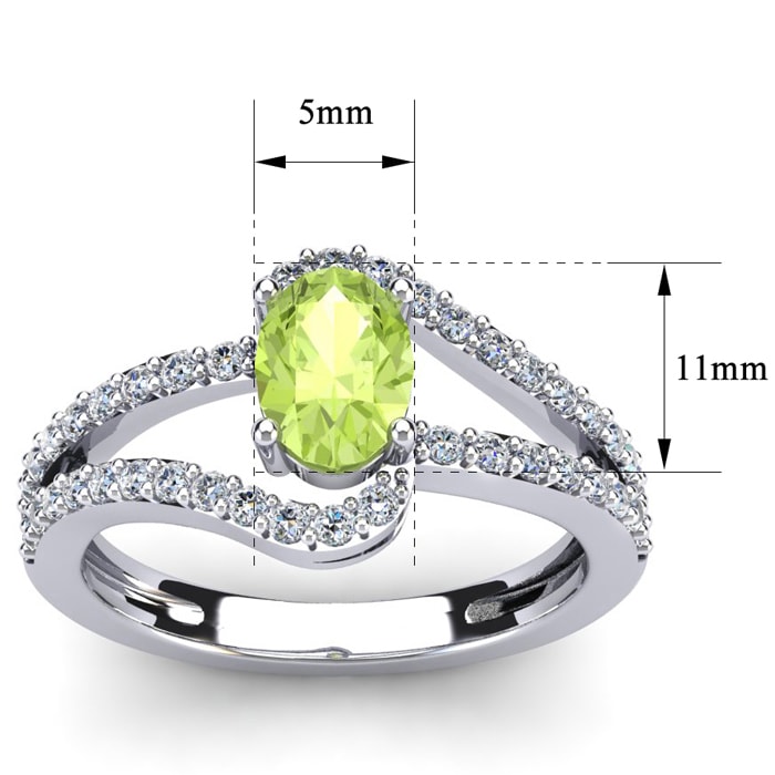 Peridot Ring: 1.40 Carat Oval Shape Peridot and Fancy Diamond Ring In Sterling Silver