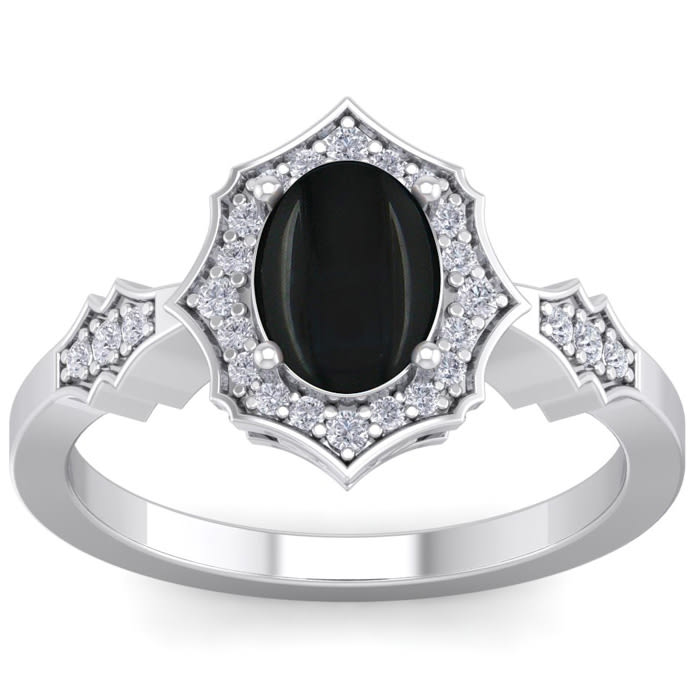 Black Onyx Ring: 1 1/2 Carat Oval Shape Black Onyx and Halo Diamond Ring In Sterling Silver