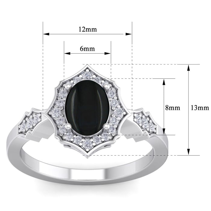 Black Onyx Ring: 1 1/2 Carat Oval Shape Black Onyx and Halo Diamond Ring In Sterling Silver