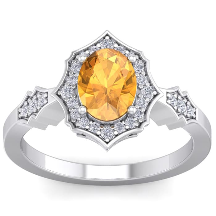Citrine Ring: 1 1/2 Carat Oval Shape Citrine and Halo Diamond Ring In Sterling Silver