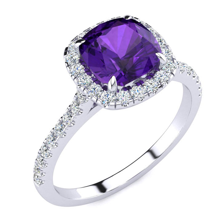 Amethyst Ring: 2 Carat Cushion Cut Amethyst and Halo Diamond Ring In Sterling Silver