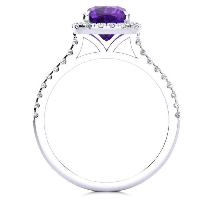 Amethyst Ring: 2 Carat Cushion Cut Amethyst and Halo Diamond Ring In Sterling Silver