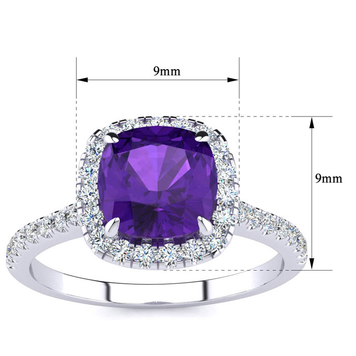 Amethyst Ring: 2 Carat Cushion Cut Amethyst and Halo Diamond Ring In Sterling Silver