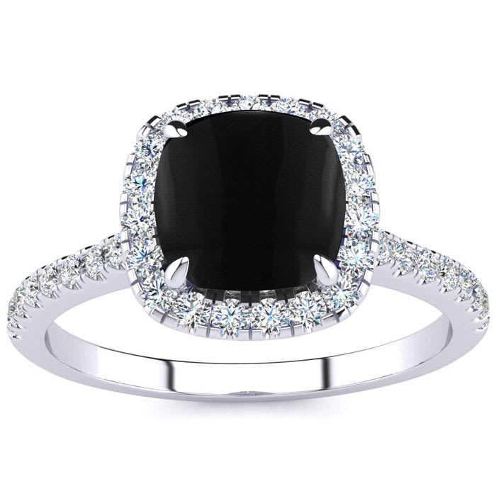 Black Onyx Ring: 2 Carat Cushion Cut Black Onyx and Halo Diamond Ring In Sterling Silver