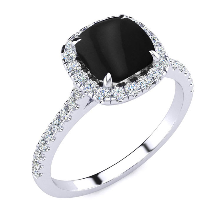 Black Onyx Ring: 2 Carat Cushion Cut Black Onyx and Halo Diamond Ring In Sterling Silver