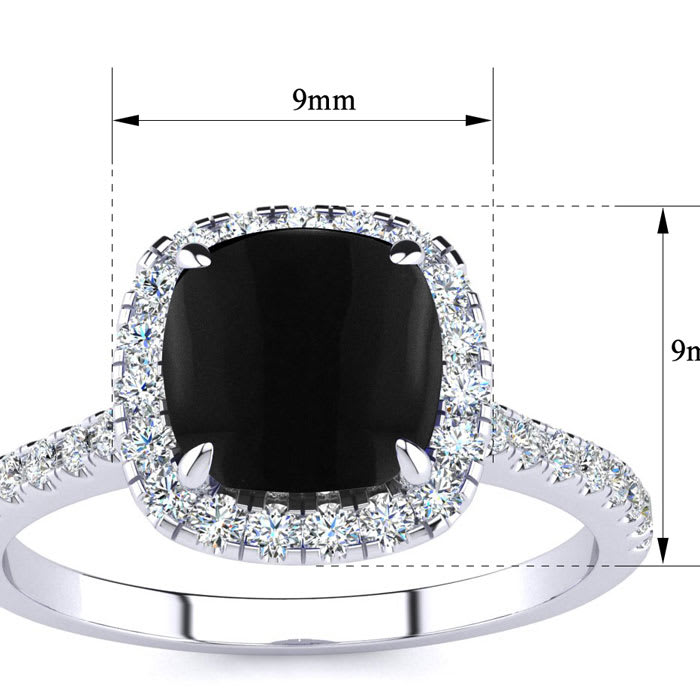 Black Onyx Ring: 2 Carat Cushion Cut Black Onyx and Halo Diamond Ring In Sterling Silver