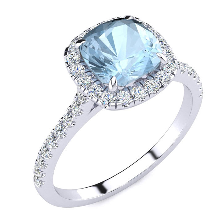 Aquamarine Ring: 2 Carat Cushion Cut Aquamarine and Halo Diamond Ring In Sterling Silver