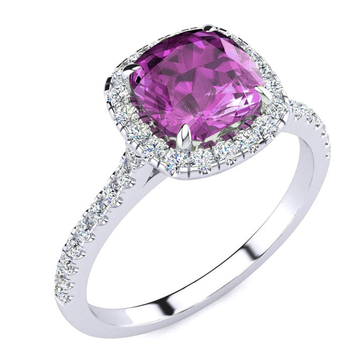 Pink Sapphire Ring: 2 Carat Cushion Cut Created Pink Sapphire and Halo Diamond Ring In Sterling Silver