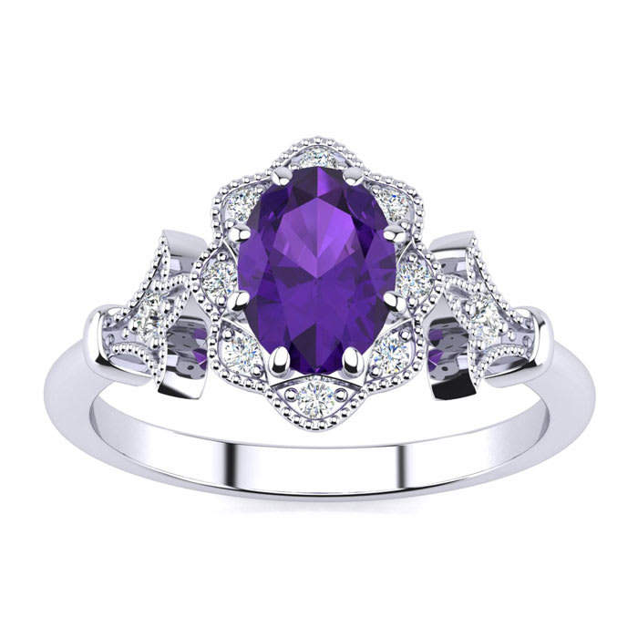 Amethyst Ring: 1 Carat Oval Shape Amethyst and Halo Diamond Ring In Sterling Silver