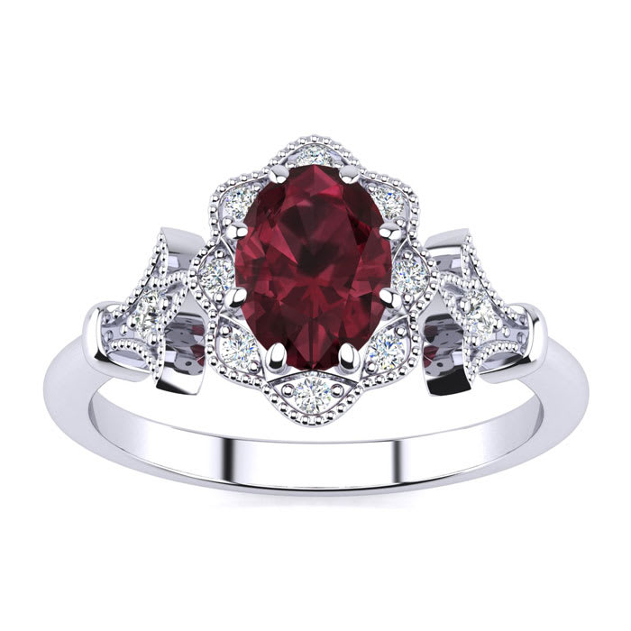 Garnet Ring: 1 Carat Oval Shape Garnet and Halo Diamond Ring In Sterling Silver