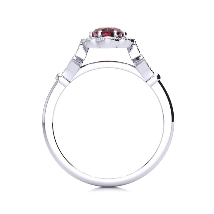 Garnet Ring: 1 Carat Oval Shape Garnet and Halo Diamond Ring In Sterling Silver