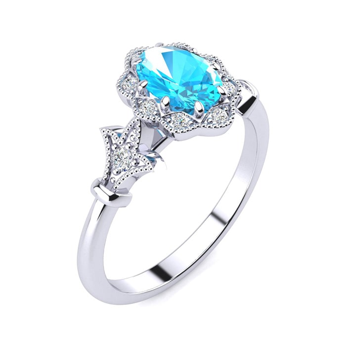 Blue Topaz Ring: 1 Carat Oval Shape Blue Topaz and Halo Diamond Ring In Sterling Silver