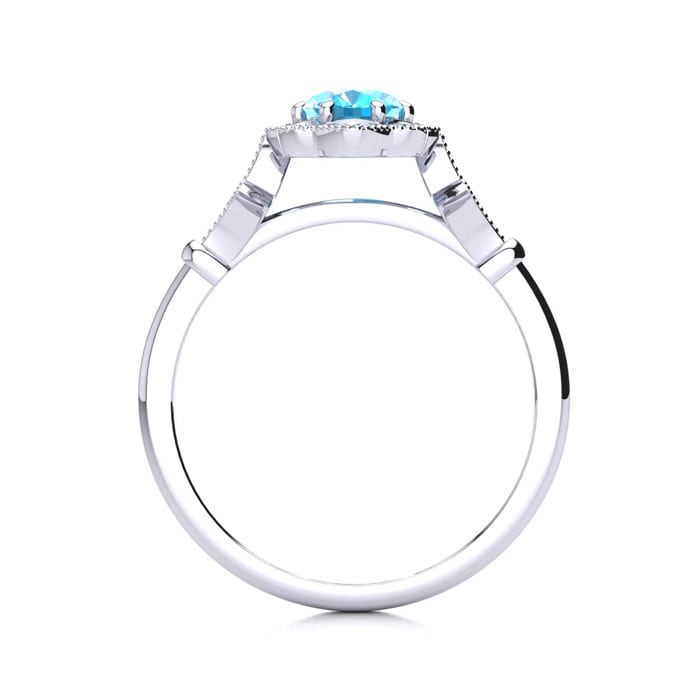 Blue Topaz Ring: 1 Carat Oval Shape Blue Topaz and Halo Diamond Ring In Sterling Silver