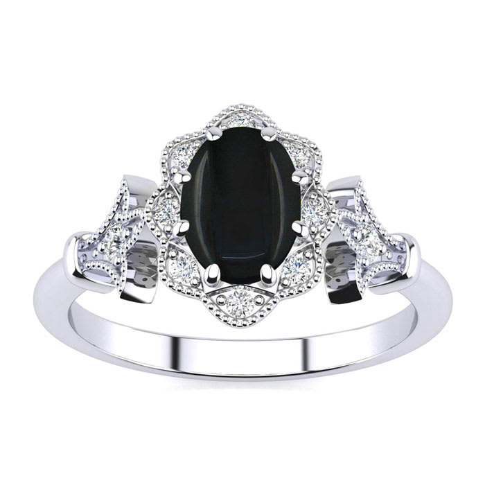 Black Onyx Ring: 1 Carat Oval Shape Black Onyx and Halo Diamond Ring In Sterling Silver