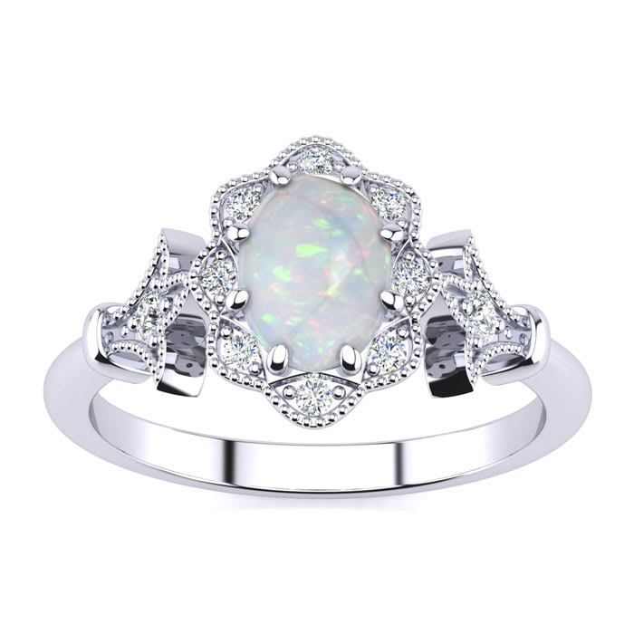 Opal Ring: 1 Carat Oval Shape Created Opal and Halo Diamond Ring In Sterling Silver
