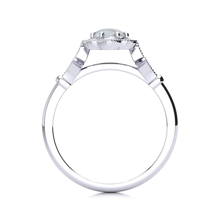 Opal Ring: 1 Carat Oval Shape Created Opal and Halo Diamond Ring In Sterling Silver