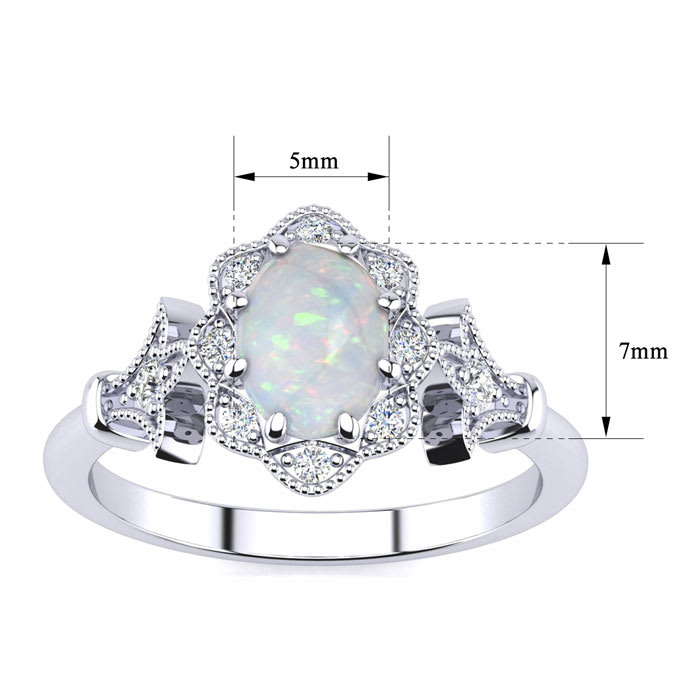 Opal Ring: 1 Carat Oval Shape Created Opal and Halo Diamond Ring In Sterling Silver