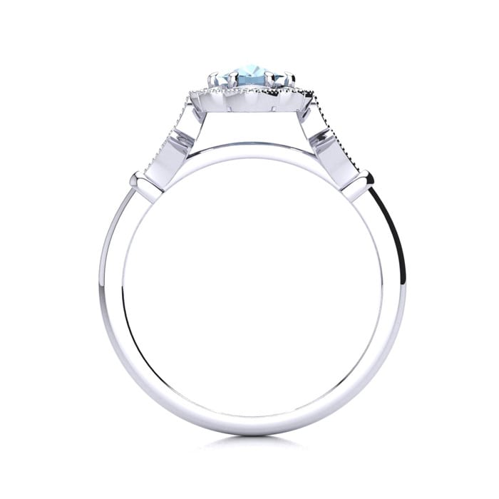 Aquamarine Ring: 1 Carat Oval Shape Aquamarine and Halo Diamond Ring In Sterling Silver