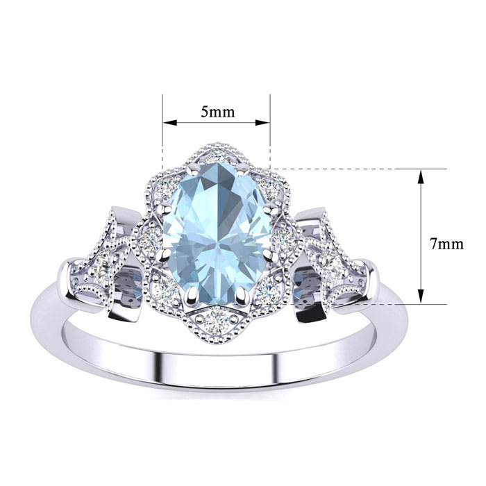 Aquamarine Ring: 1 Carat Oval Shape Aquamarine and Halo Diamond Ring In Sterling Silver